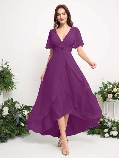 Carlyna A-Line Asymmetric Chiffon Maxi Dress | V-Neck Short Sleeve Bridesmaid & Wedding Guest Dress Side View 3 #color_purple