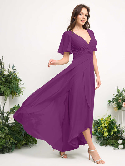Carlyna A-Line Asymmetric Chiffon Maxi Dress | V-Neck Short Sleeve Bridesmaid & Wedding Guest Dress Side View 4 #color_purple