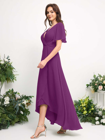 Carlyna A-Line Asymmetric Chiffon Maxi Dress | V-Neck Short Sleeve Bridesmaid & Wedding Guest Dress Side View 5 #color_purple