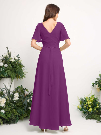 Carlyna A-Line Asymmetric Chiffon Maxi Dress | V-Neck Short Sleeve Bridesmaid & Wedding Guest Dress Back View #color_purple