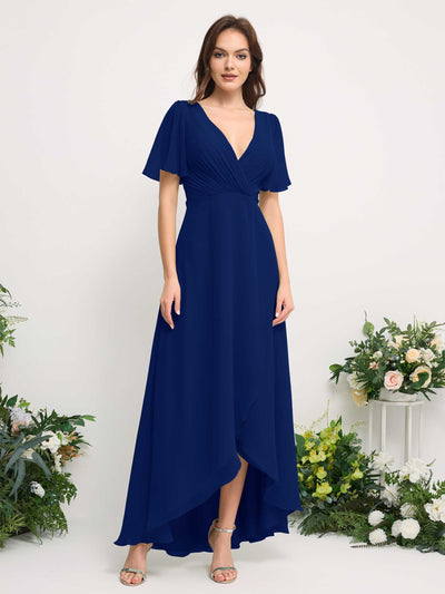 Carlyna A-Line Asymmetric Chiffon Maxi Dress | V-Neck Short Sleeve Bridesmaid & Wedding Guest Dress Front View #color_royal-blue