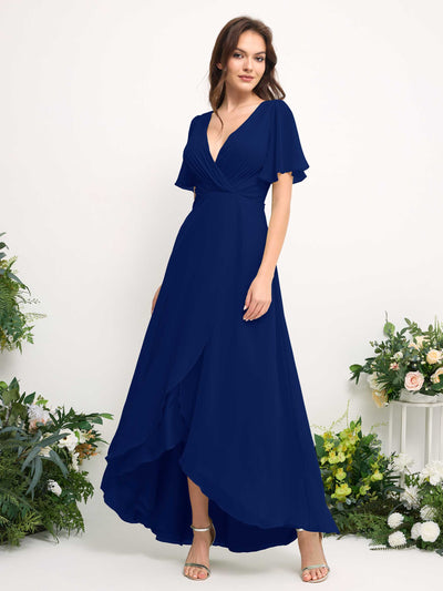 Carlyna A-Line Asymmetric Chiffon Maxi Dress | V-Neck Short Sleeve Bridesmaid & Wedding Guest Dress Side View 2 #color_royal-blue
