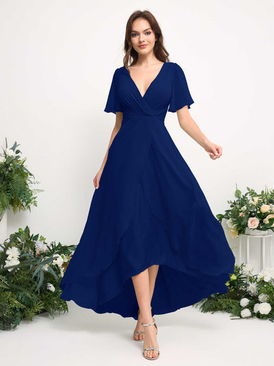 Carlyna A-Line Asymmetric Chiffon Maxi Dress | V-Neck Short Sleeve Bridesmaid & Wedding Guest Dress Side View 3 #color_royal-blue