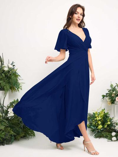 Carlyna A-Line Asymmetric Chiffon Maxi Dress | V-Neck Short Sleeve Bridesmaid & Wedding Guest Dress Side View 4 #color_royal-blue