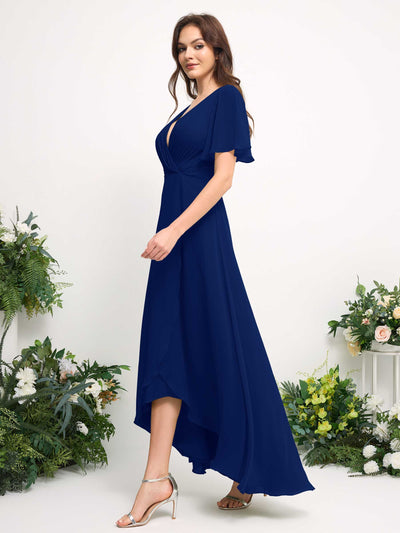 Carlyna A-Line Asymmetric Chiffon Maxi Dress | V-Neck Short Sleeve Bridesmaid & Wedding Guest Dress Side View 5 #color_royal-blue