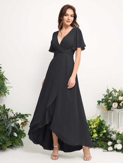 Carlyna A-Line Asymmetric Chiffon Maxi Dress | V-Neck Short Sleeve Bridesmaid & Wedding Guest Dress Side View 2 #color_pewter