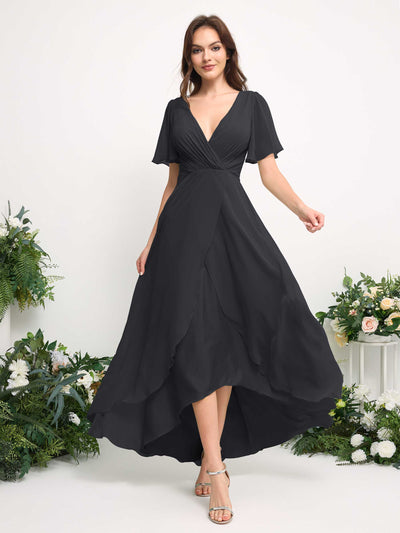 Carlyna A-Line Asymmetric Chiffon Maxi Dress | V-Neck Short Sleeve Bridesmaid & Wedding Guest Dress Side View 3 #color_pewter