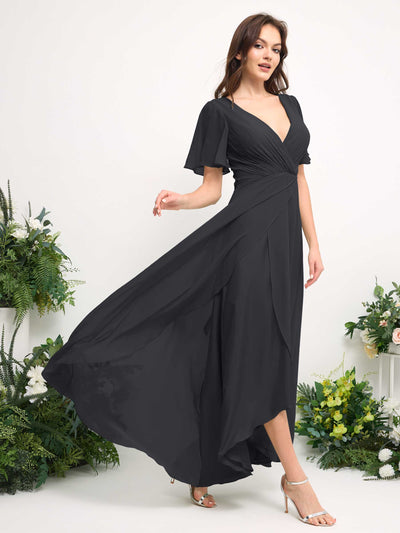 Carlyna A-Line Asymmetric Chiffon Maxi Dress | V-Neck Short Sleeve Bridesmaid & Wedding Guest Dress Side View 4 #color_pewter