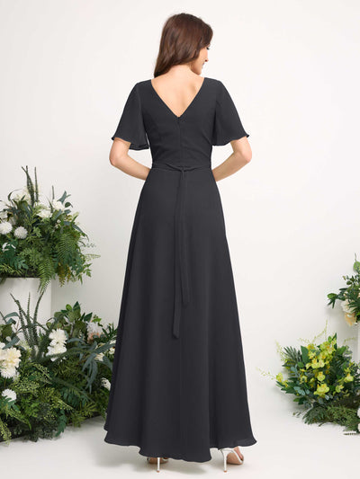 Carlyna A-Line Asymmetric Chiffon Maxi Dress | V-Neck Short Sleeve Bridesmaid & Wedding Guest Dress Back View #color_pewter