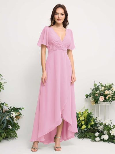 Carlyna A-Line Asymmetric Chiffon Maxi Dress | V-Neck Short Sleeve Bridesmaid & Wedding Guest Dress Front View #color_candy-pink