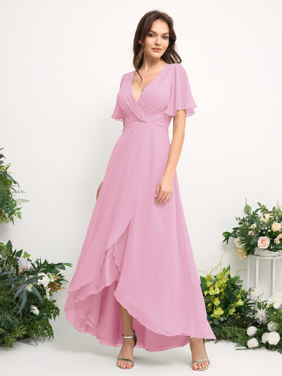 Carlyna A-Line Asymmetric Chiffon Maxi Dress | V-Neck Short Sleeve Bridesmaid & Wedding Guest Dress Side View 2 #color_candy-pink