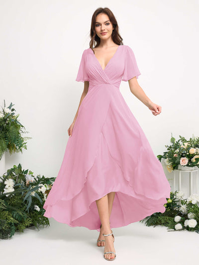 Carlyna A-Line Asymmetric Chiffon Maxi Dress | V-Neck Short Sleeve Bridesmaid & Wedding Guest Dress Side View 3 #color_candy-pink