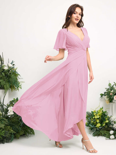 Carlyna A-Line Asymmetric Chiffon Maxi Dress | V-Neck Short Sleeve Bridesmaid & Wedding Guest Dress Side View 4 #color_candy-pink