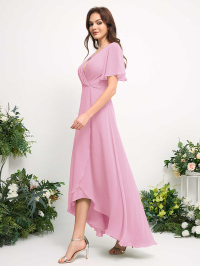 Carlyna A-Line Asymmetric Chiffon Maxi Dress | V-Neck Short Sleeve Bridesmaid & Wedding Guest Dress Side View 5 #color_candy-pink