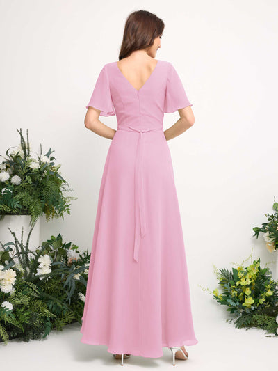 Carlyna A-Line Asymmetric Chiffon Maxi Dress | V-Neck Short Sleeve Bridesmaid & Wedding Guest Dress Back View #color_candy-pink