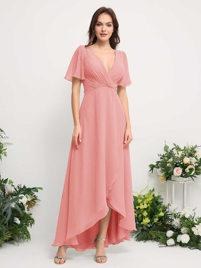 Carlyna A-Line Asymmetric Chiffon Maxi Dress | V-Neck Short Sleeve Bridesmaid & Wedding Guest Dress Front View #color_ballet-pink