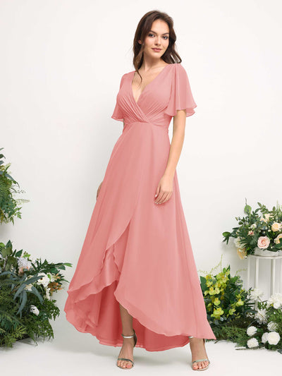 Carlyna A-Line Asymmetric Chiffon Maxi Dress | V-Neck Short Sleeve Bridesmaid & Wedding Guest Dress Side View 2 #color_ballet-pink