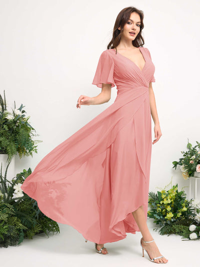 Carlyna A-Line Asymmetric Chiffon Maxi Dress | V-Neck Short Sleeve Bridesmaid & Wedding Guest Dress Side View 4 #color_ballet-pink