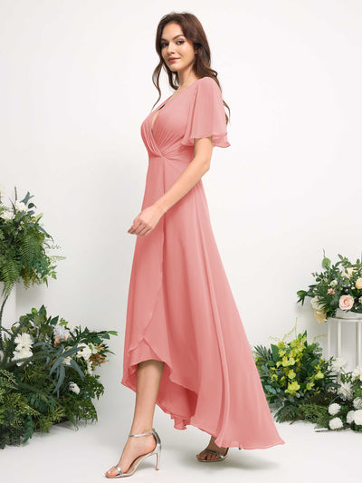 Carlyna A-Line Asymmetric Chiffon Maxi Dress | V-Neck Short Sleeve Bridesmaid & Wedding Guest Dress Side View 5 #color_ballet-pink