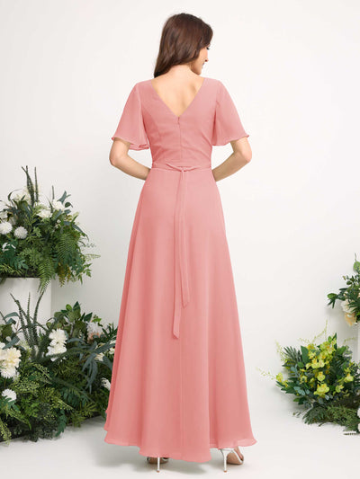 Carlyna A-Line Asymmetric Chiffon Maxi Dress | V-Neck Short Sleeve Bridesmaid & Wedding Guest Dress Back View #color_ballet-pink