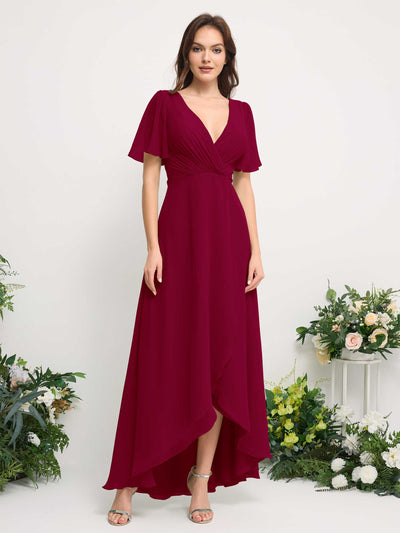 Carlyna A-Line Asymmetric Chiffon Maxi Dress | V-Neck Short Sleeve Bridesmaid & Wedding Guest Dress Front View #color_jester-red