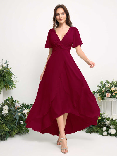 Carlyna A-Line Asymmetric Chiffon Maxi Dress | V-Neck Short Sleeve Bridesmaid & Wedding Guest Dress Side View 3 #color_jester-red