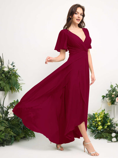 Carlyna A-Line Asymmetric Chiffon Maxi Dress | V-Neck Short Sleeve Bridesmaid & Wedding Guest Dress Side View 4 #color_jester-red