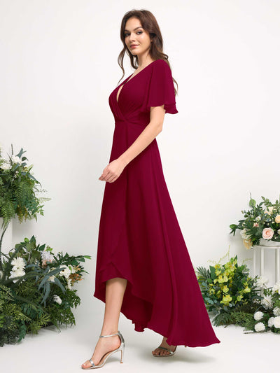 Carlyna A-Line Asymmetric Chiffon Maxi Dress | V-Neck Short Sleeve Bridesmaid & Wedding Guest Dress Side View 5 #color_jester-red
