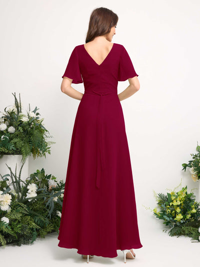 Carlyna A-Line Asymmetric Chiffon Maxi Dress | V-Neck Short Sleeve Bridesmaid & Wedding Guest Dress Back View #color_jester-red