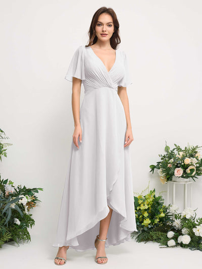 Carlyna A-Line Asymmetric Chiffon Maxi Dress | V-Neck Short Sleeve Bridesmaid & Wedding Guest Dress Front View #color_white