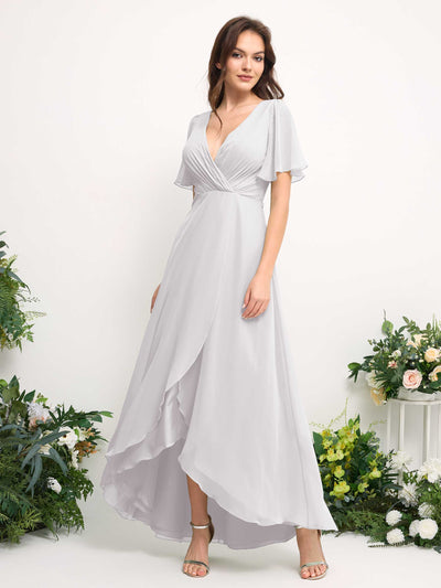 Carlyna A-Line Asymmetric Chiffon Maxi Dress | V-Neck Short Sleeve Bridesmaid & Wedding Guest Dress Side View 2 #color_white