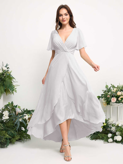 Carlyna A-Line Asymmetric Chiffon Maxi Dress | V-Neck Short Sleeve Bridesmaid & Wedding Guest Dress Side View 3 #color_white