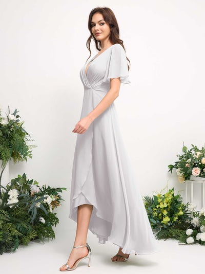 Carlyna A-Line Asymmetric Chiffon Maxi Dress | V-Neck Short Sleeve Bridesmaid & Wedding Guest Dress Side View 5 #color_white