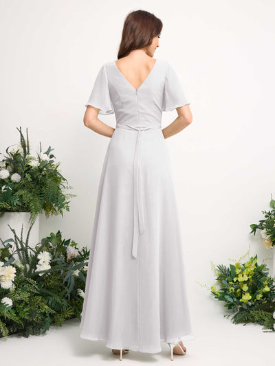 Carlyna A-Line Asymmetric Chiffon Maxi Dress | V-Neck Short Sleeve Bridesmaid & Wedding Guest Dress Back View #color_white