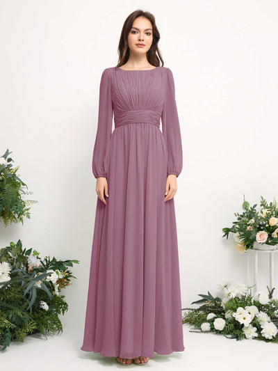 Carlyna Boat Neck Long Sleeve Chiffon Maxi Dress | Elegant A-Line Bridesmaid & Wedding Guest Dress Front View #color_vintage-mauve