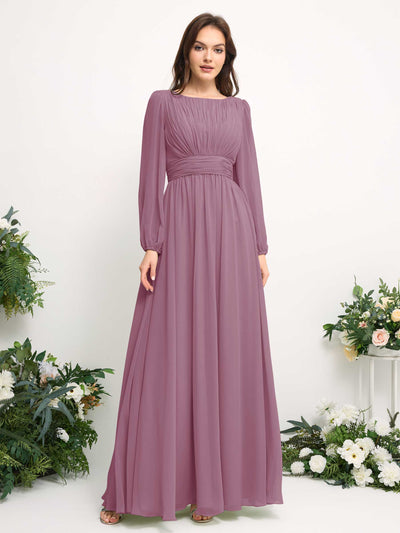 Carlyna Boat Neck Long Sleeve Chiffon Maxi Dress | Elegant A-Line Bridesmaid & Wedding Guest Dress Side View 2 #color_vintage-mauve