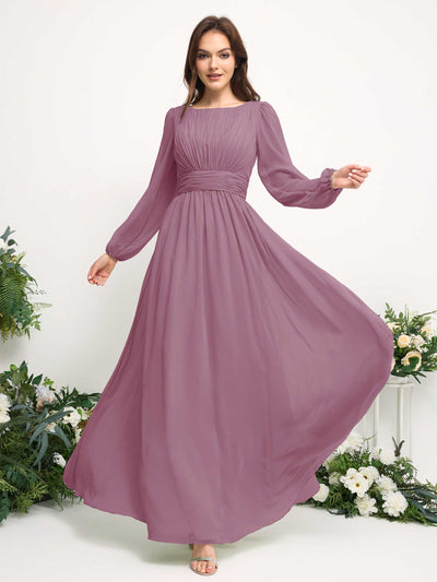 Carlyna Boat Neck Long Sleeve Chiffon Maxi Dress | Elegant A-Line Bridesmaid & Wedding Guest Dress Side View 3 #color_vintage-mauve