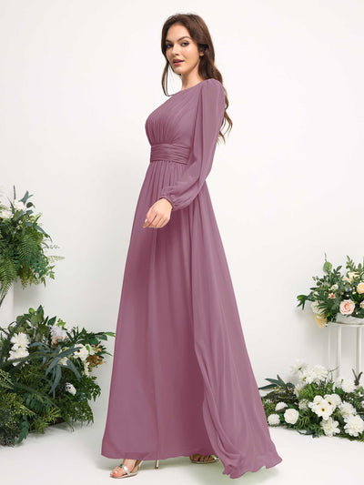 Carlyna Boat Neck Long Sleeve Chiffon Maxi Dress | Elegant A-Line Bridesmaid & Wedding Guest Dress Side View 4 #color_vintage-mauve