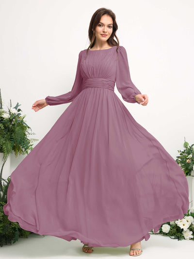 Carlyna Boat Neck Long Sleeve Chiffon Maxi Dress | Elegant A-Line Bridesmaid & Wedding Guest Dress Side View 5 #color_vintage-mauve