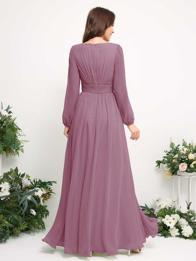 Carlyna Boat Neck Long Sleeve Chiffon Maxi Dress | Elegant A-Line Bridesmaid & Wedding Guest Dress Back View #color_vintage-mauve