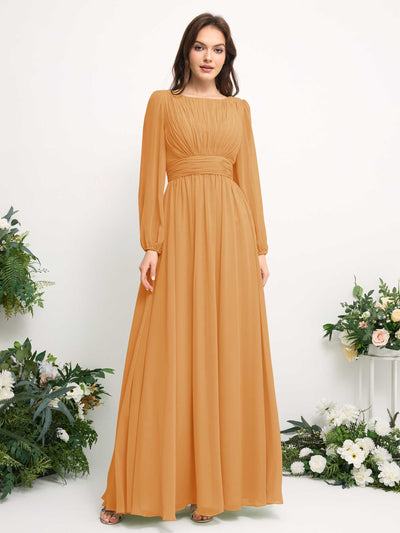 Carlyna Boat Neck Long Sleeve Chiffon Maxi Dress | Elegant A-Line Bridesmaid & Wedding Guest Dress Side View 2 #color_mango