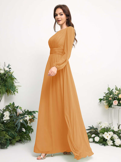 Carlyna Boat Neck Long Sleeve Chiffon Maxi Dress | Elegant A-Line Bridesmaid & Wedding Guest Dress Side View 4 #color_mango