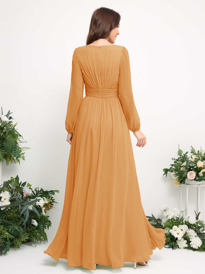 Carlyna Boat Neck Long Sleeve Chiffon Maxi Dress | Elegant A-Line Bridesmaid & Wedding Guest Dress Back View #color_mango