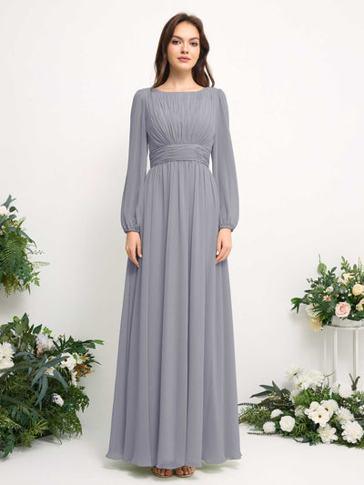 Carlyna Boat Neck Long Sleeve Chiffon Maxi Dress | Elegant A-Line Bridesmaid & Wedding Guest Dress Front View #color_dusty-lavender