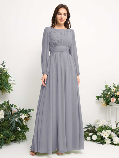 Carlyna Boat Neck Long Sleeve Chiffon Maxi Dress | Elegant A-Line Bridesmaid & Wedding Guest Dress Side View 2 #color_dusty-lavender