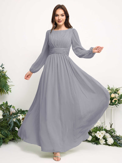 Carlyna Boat Neck Long Sleeve Chiffon Maxi Dress | Elegant A-Line Bridesmaid & Wedding Guest Dress Side View 3 #color_dusty-lavender