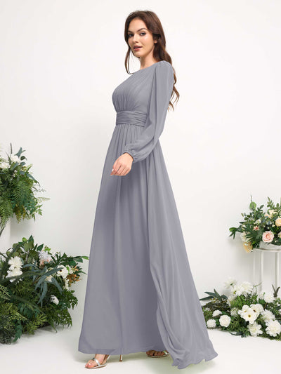 Carlyna Boat Neck Long Sleeve Chiffon Maxi Dress | Elegant A-Line Bridesmaid & Wedding Guest Dress Side View 4 #color_dusty-lavender