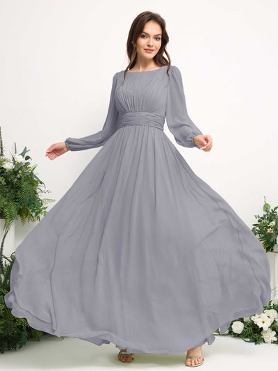 Carlyna Boat Neck Long Sleeve Chiffon Maxi Dress | Elegant A-Line Bridesmaid & Wedding Guest Dress Side View 5 #color_dusty-lavender