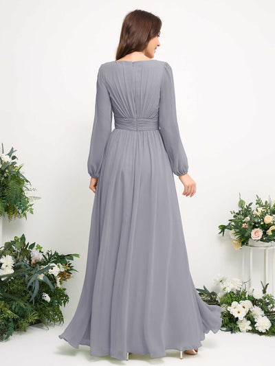 Carlyna Boat Neck Long Sleeve Chiffon Maxi Dress | Elegant A-Line Bridesmaid & Wedding Guest Dress Back View #color_dusty-lavender