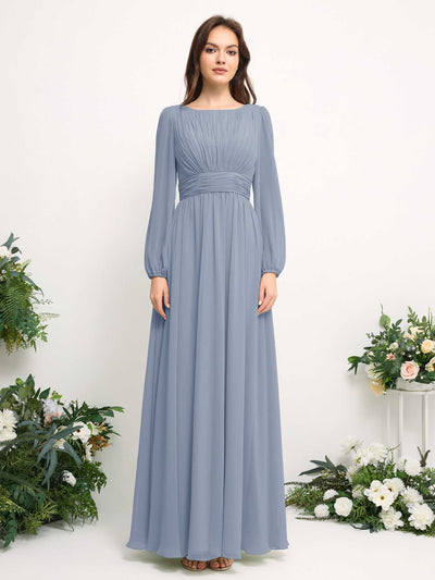 Carlyna Boat Neck Long Sleeve Chiffon Maxi Dress | Elegant A-Line Bridesmaid & Wedding Guest Dress Front View #color_dusty-blue-upgrade